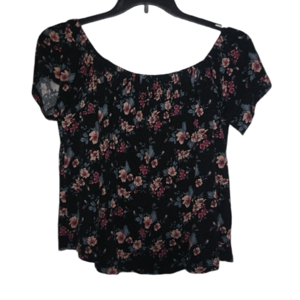 American Eagle L Black Pink Cropped Peasant Top